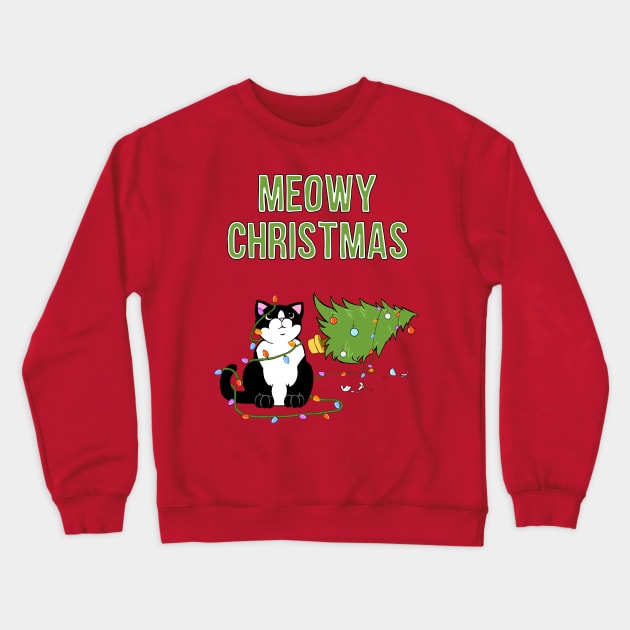 Meowy Christmas Tuxedo Cat Knocked Over Tree Crewneck Sweatshirt by xenotransplant